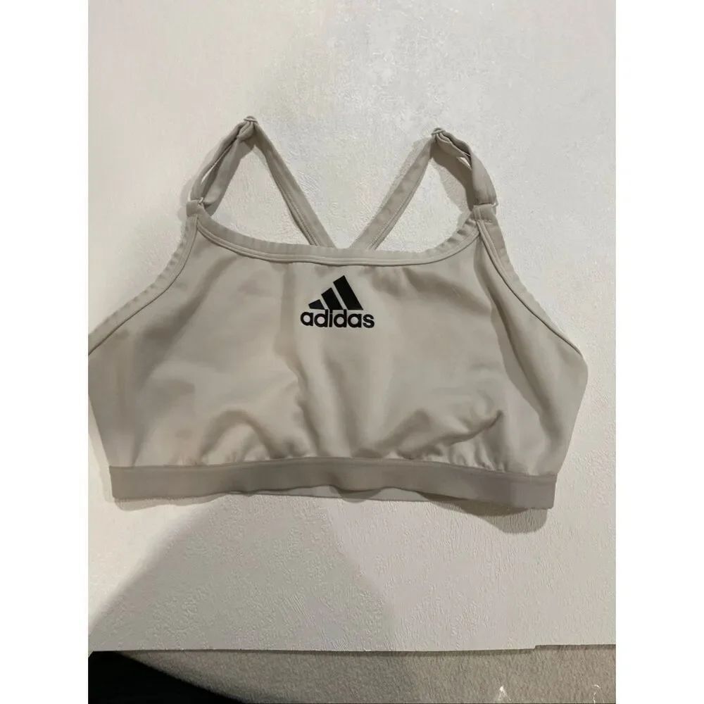 Adidas Sports Bra Beige Tan Logo Strappy Back Size L